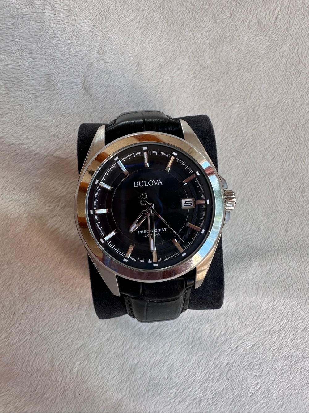 Bulova Black Dial Silver Case Men’s Leather Strap Watch